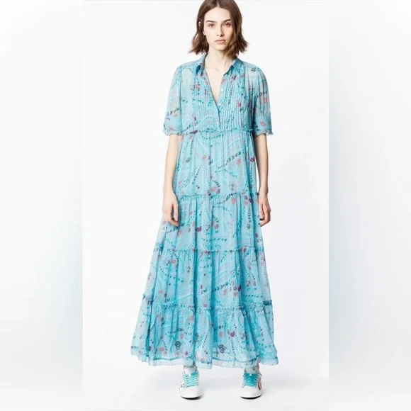 Zadig and voltaire medium turquoise rapidly print psyche maxi dress .